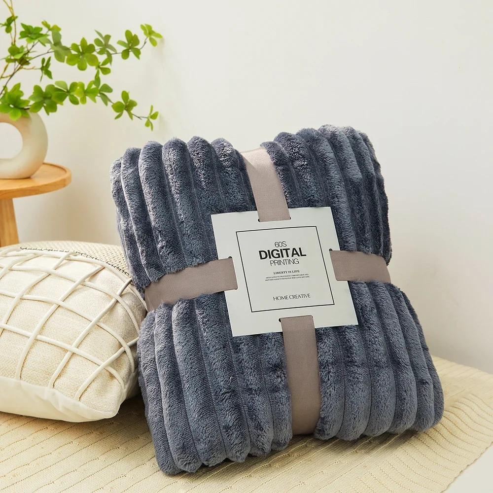Wide Ribbed Flannel Fleece Blanket 300Gsm Ultra Soft Plush Throw Blanket Microfiber Cozy Warm Blanket For Couch Bed Sofa Travel