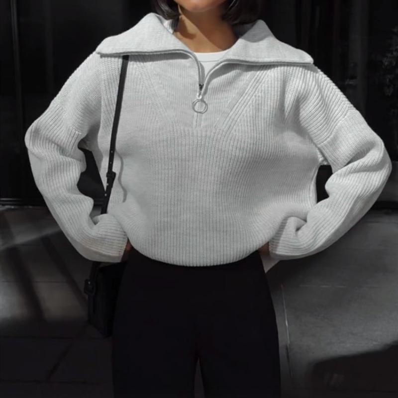 New Retro Long-sleeved Top Loose Design Lapel Zipper Pullover Knitted Sweater