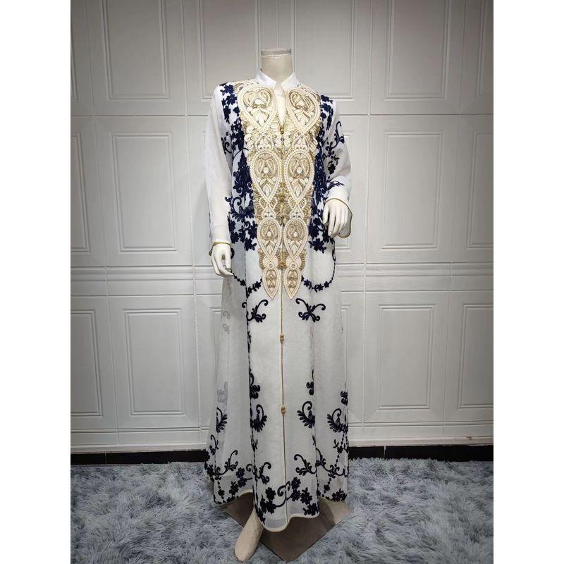 

New European and American Elegant Stand Collar Embroidered Dress Party Evening dress Embroidered Party Dress Blue S