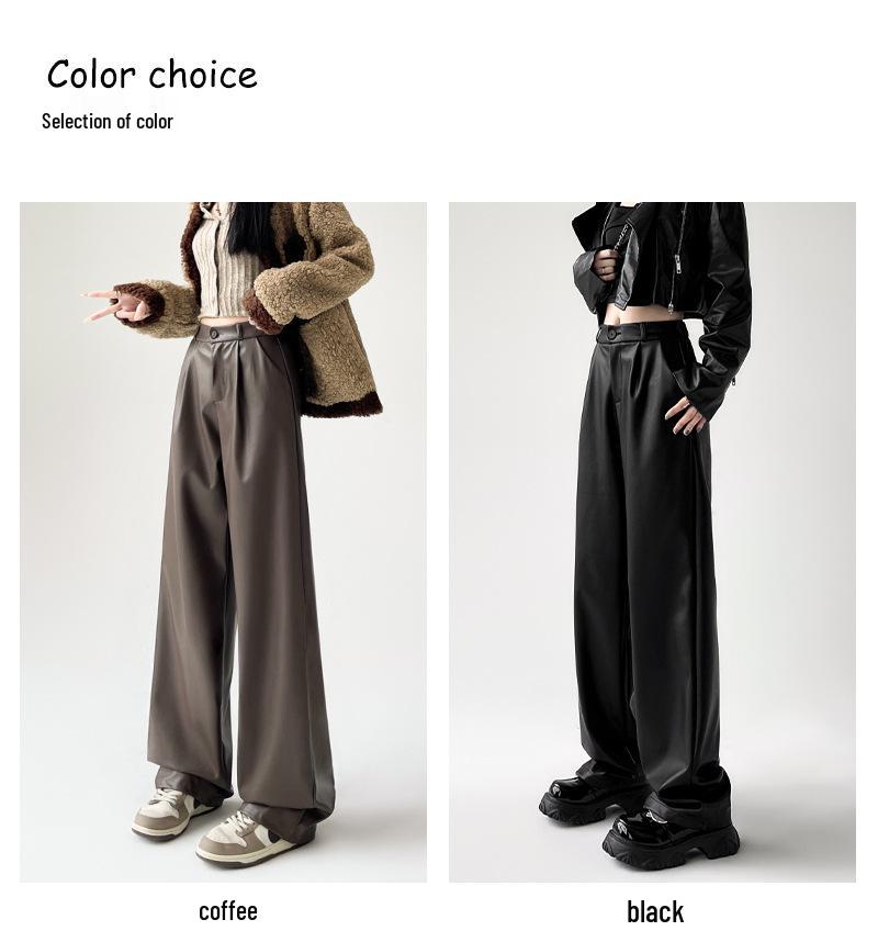 Women's 2025 Black Leather Wide-Leg Slimming High-Waisted Pants