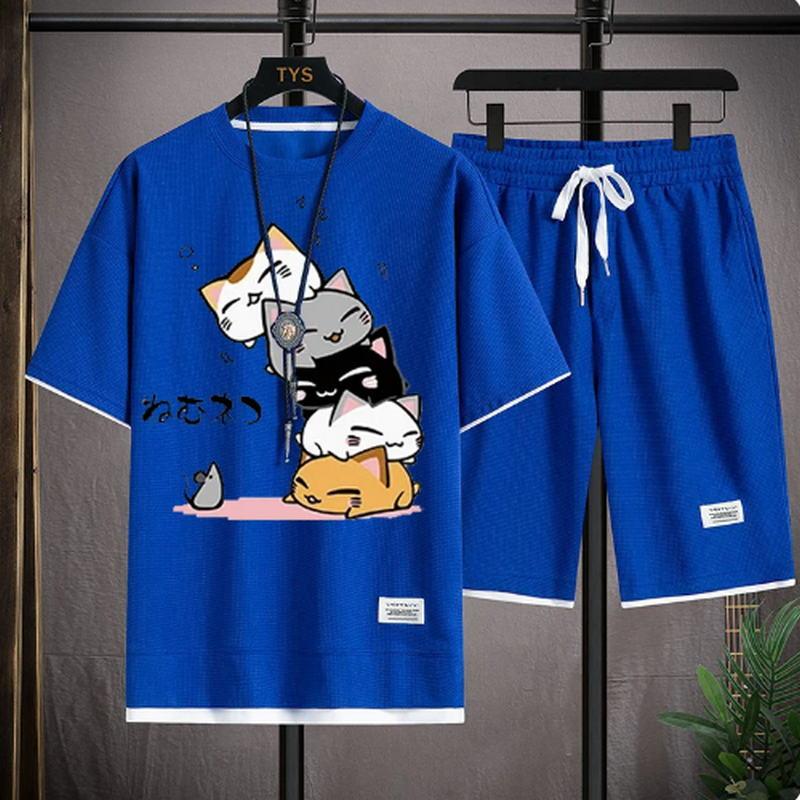 

2024 Мужской летний вафельный комплект, брендовая мода, повседневный комплект из футболки и шорт, мужской спортивный комплект, свободный, удобный, комплект из двух предметов 6XL