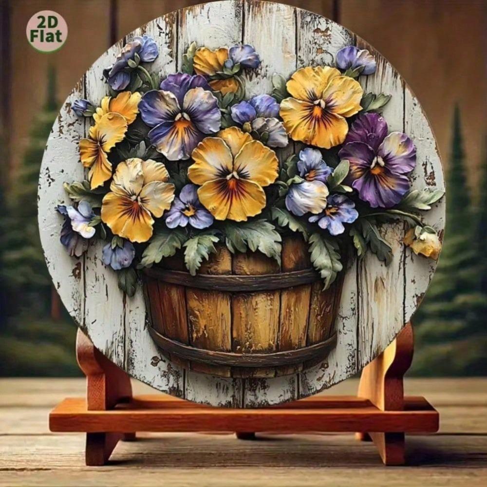 2D Flat Shabby Chic Round Tin Wall Art, Vintage Pansies in Metal Barrel Weathered Design