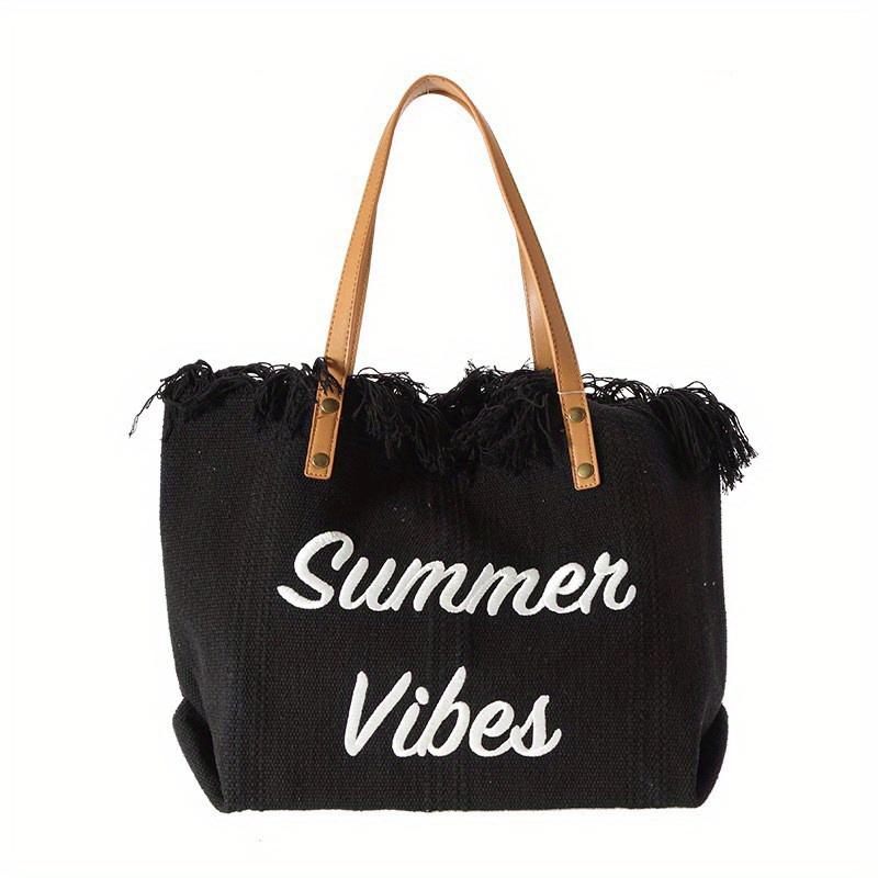 Bohemian Chic Embroidered Tote Bag - Stylish Letter Detail, Durable Canvas, Adjustable Shoulder Strap, Perfect for Womens Summer Beach Wear
