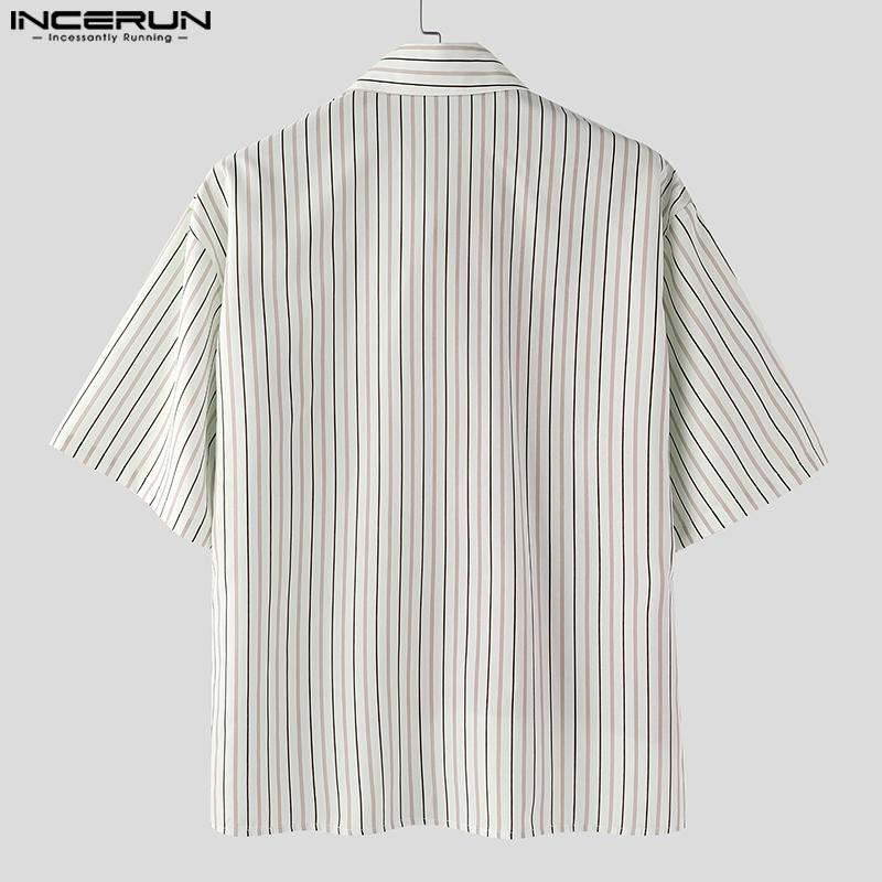 INCERUN Men Striped Shirts Casual Short Sleeve Patchwork Buttons Up Tops