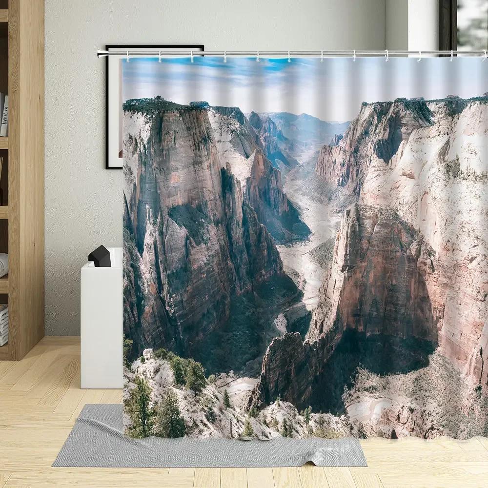 Flower Plant Landscape Shower Curtain Cherry Blossom Waterfall Green Forest Manor Arch Bridge Ocean Scenery Bathroom Curtain Set