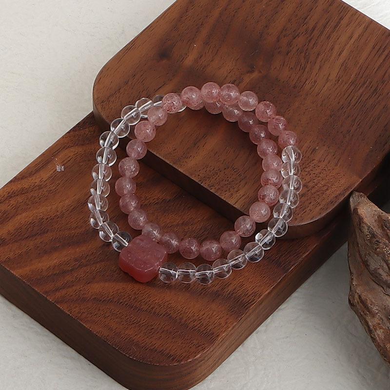 Natural powder crystal strawberry crystal double circle bracelet DIY handmade round beads wholesale natural crystal bracelet popular jewelry