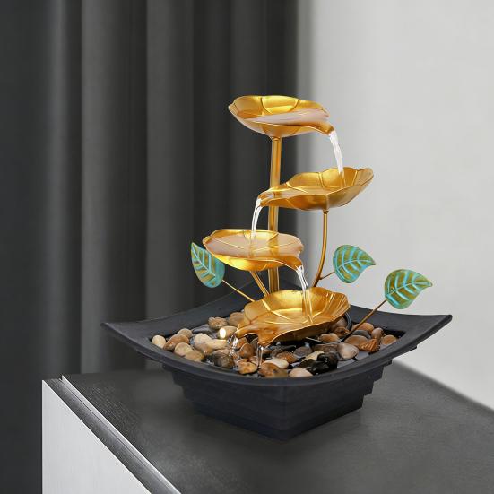 Golden Relaxation Tabletop Water Fountain with LED Light 4 Tier Lotus Small Desktop Waterfall Fountain with Rocks for Home Bathroom Bedroom Decor
