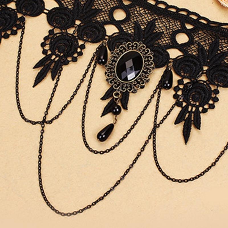 Black Choker Lace Necklace with Bracelet and Earrings Set Gothic Vintage Witch Jewelry for Halloween Costume Wedding