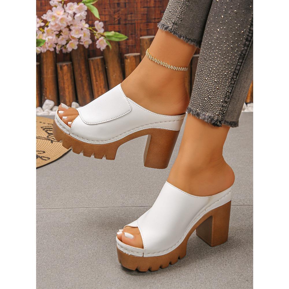 Plus Size Women Summer One Strap Thick Platform Chunky Heel Fish Mouth Slide Sandals Open Toe Height Increasing Beach Outdoor Shoes