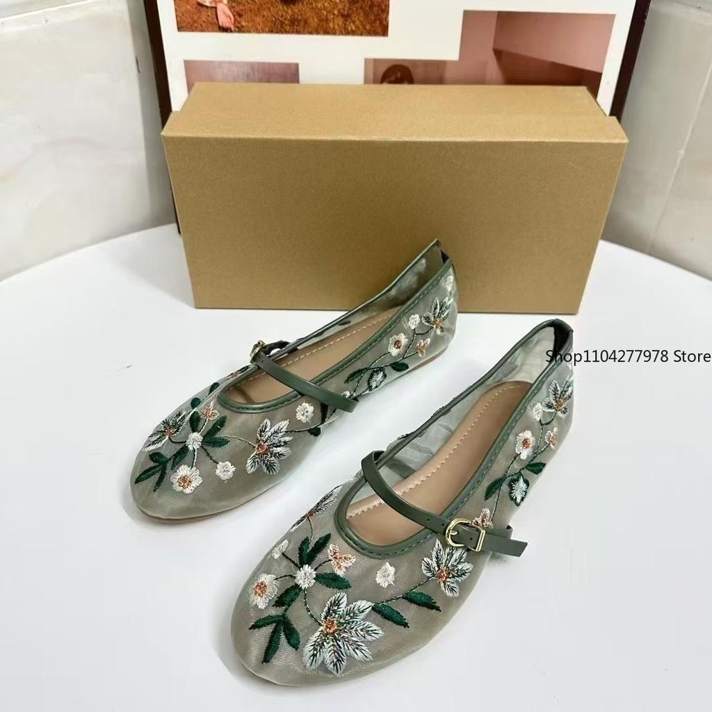 Fashion New Mesh Breathable Ballet Flats Women Luxury Designer Embroidered Flower Mary Jane Shoes Light Comfort Low Heeled Summer Flats