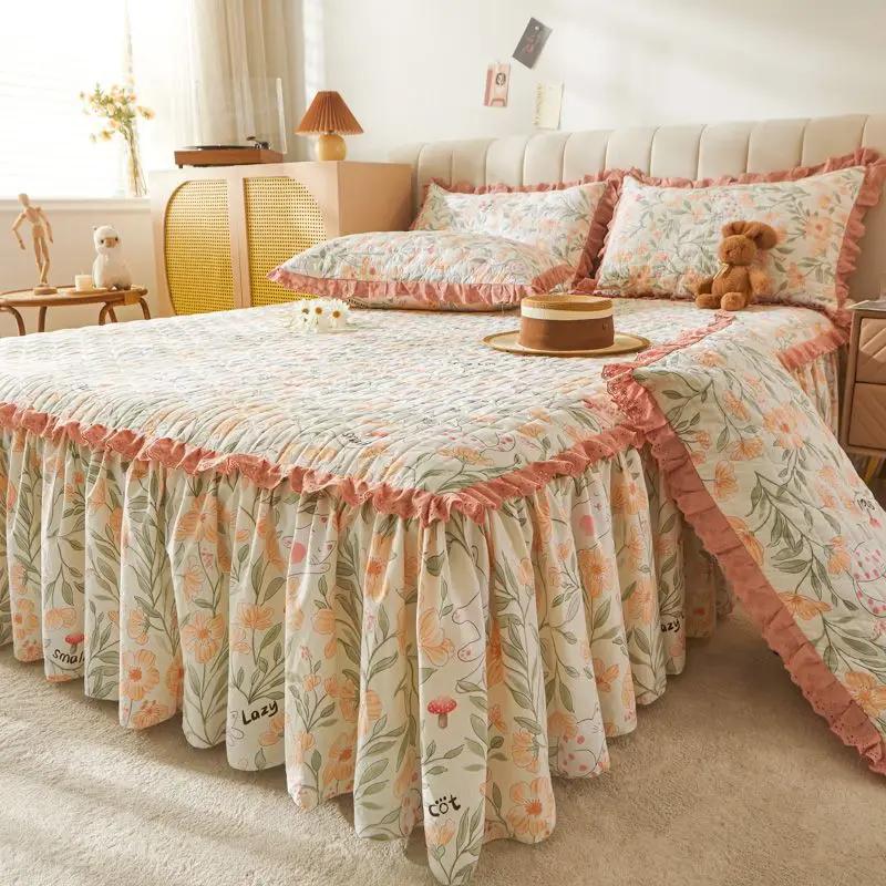3pcs Floral Pattern Cotton Bed Skirt Seasonal Universal Thick Bed Sheets Ruffle Edge Skirt Hem Anti Slip Dustproof Bedspread