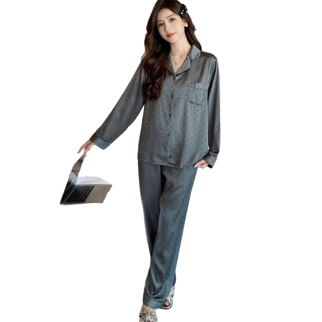 New ice silk pajamas women's spring and autumn simple large size love jacquard long-sleeved set loungewear
