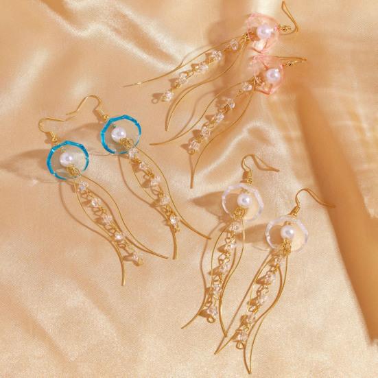 1 Pair Hook Earrings, Jellyfish Design Long Draped Tassel Earrings, Translucent Imitation Pearl Beads Drop Earrings for Beach Vacations Daily Wear