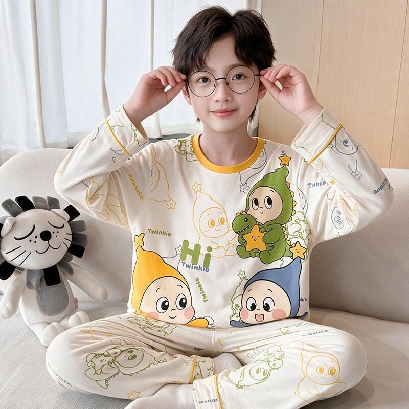 Boys Cotton Pajama Set Long Sleeve Thin Winter Sleepwear Kids 8 Years Cartoon Print Comfortable Home Wear