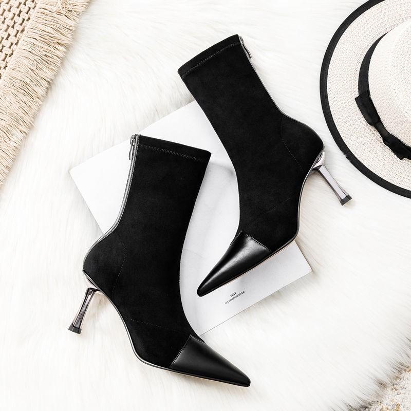 

Модные остроносые туфли на высоком каблуке женские осенне-зимние на тонком каблуке ботильоны-носки 2025 новые до середины икры эластичные облегающие ботинки короткие ботинки женские 39 чёрный
