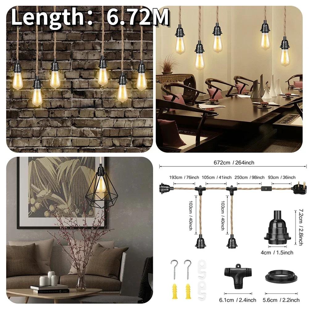 Kit cablu lampă pandantiv 5M/6.72M cu întrerupător mufă bază lumină frânghie vintage de cânepă lampă suspendată rustică pentru dormitor sufragerie