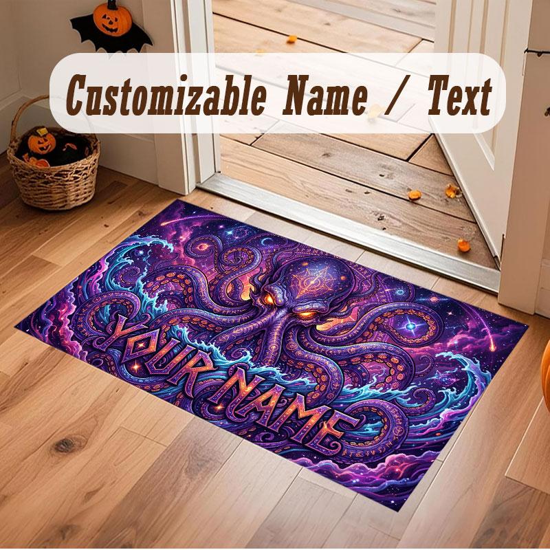 Octopus Sea Life Theme Crystal Velvet Floor Rug Personalized Custom Name Text Warm Carpet Home Decoration