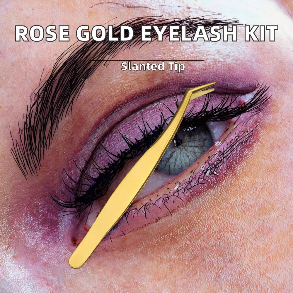 New Design Rose Gold Slanted Tip Eyelash Clip and Eyebrow Comb Tweezers Stainless Steel Beauty Tools