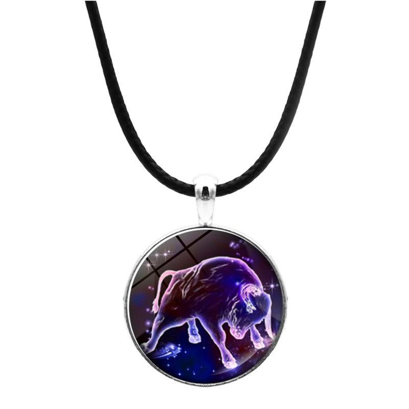 

Twelve zodiac signs, time gemstone necklace, sweater chain, European and American jewelry, black leather rope pendant, jewelry