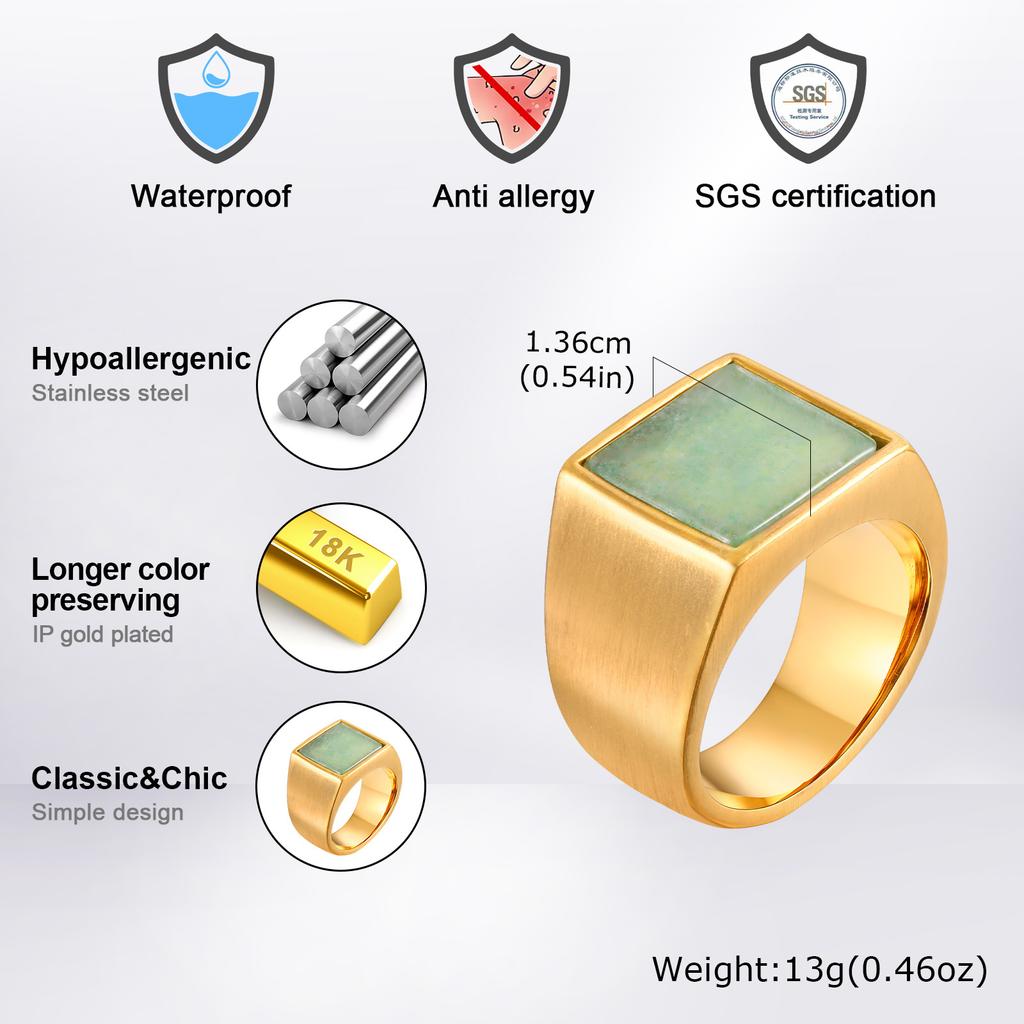 Natural Green Stone Ring for Men Boys,Gold Color Stainless Steel Stamp Ring Thumb Ring Square Ring,Punk Stylish Zircon Gift