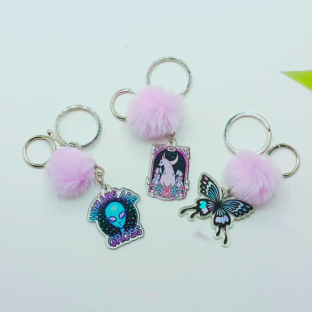 Acrylic Faux Rabbit Fur Halloween Keychain Alien Butterfly Women Key Ring Tarot Card Elk Keychain