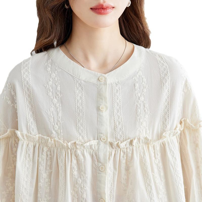 New Spring Pure Cotton Long-sleeved Shirt for Women Chinese Round Neck Jacquard Chic Top for Women Long-sleeved Shirt