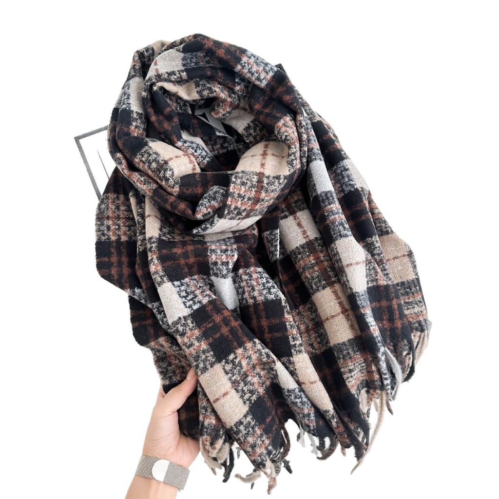 Retro New Plaid Scarf Women's Autumn and Winter Versatile Warm Thickened Imitation Cashmere Shawl Scarf Dual-purpose
