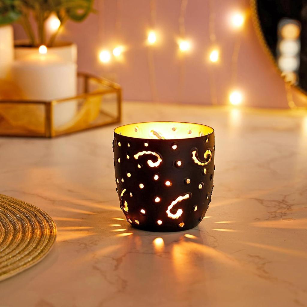 Ornamental Iron Tea Light | Stylish | for Indoors & Outdoors Décor (Matt Black with Gold)