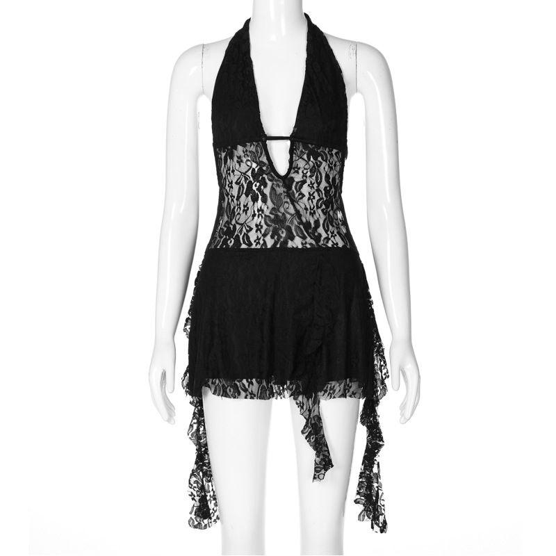 

Lace Dress Sexy Cutout Deep V-neck Backless Sexy Style Short Patchwork Ribbon Halterneck Lace Dress Black S