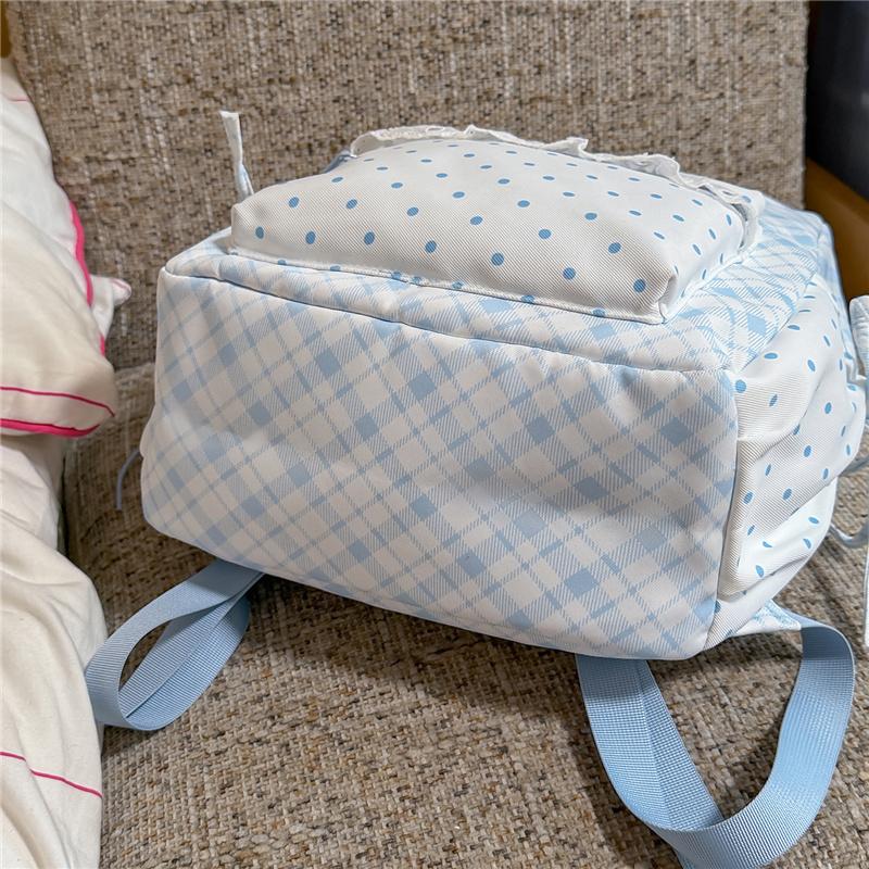 Cute Gingham Polka Dot School Backpack with Bow Detail Lace Trim Lightweight Zipper Daypack for Teen Girls Travel