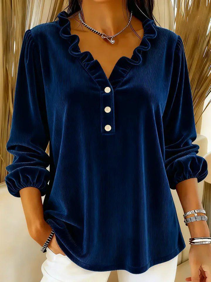 European & American Style Women's Corduroy Ruffle Collar V-Neck Long Sleeve Top