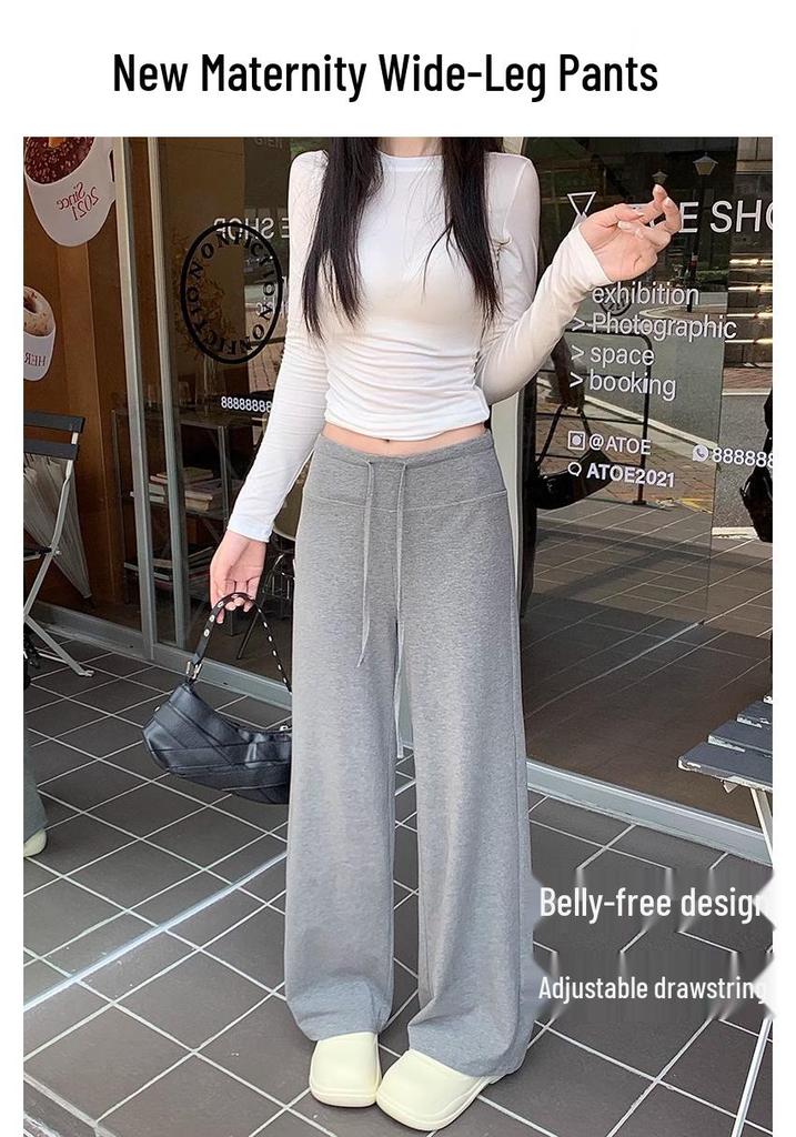 Modal Dark Gray Maternity Wide-Leg Drawstring Pants - Summer Casual Plus Size