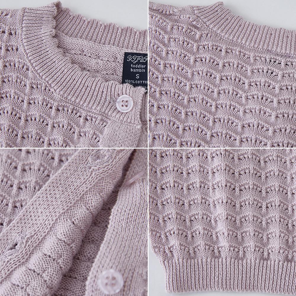 Girls' Knitted Cardigan Spring and Autumn Thin Hollow Children's Sweater Long Sleeve Pure Cotton Top Coat Stylish