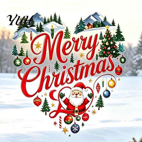 Holiday Glass Clings Merry Christmas Window Cling, Heart Shaped Sticker with Santa Claus Xmas Party Supplies Tree Balls, Winter Static PVC Decal