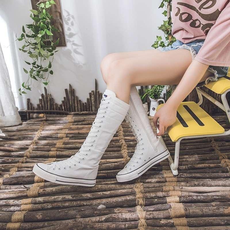 Mote 2025 Nye Høye Canvas Sko for Dame Koreansk Utgave Lang Støvel Snøring Glidelås Komfortabel Støvel Zapatos De Mujer Trend