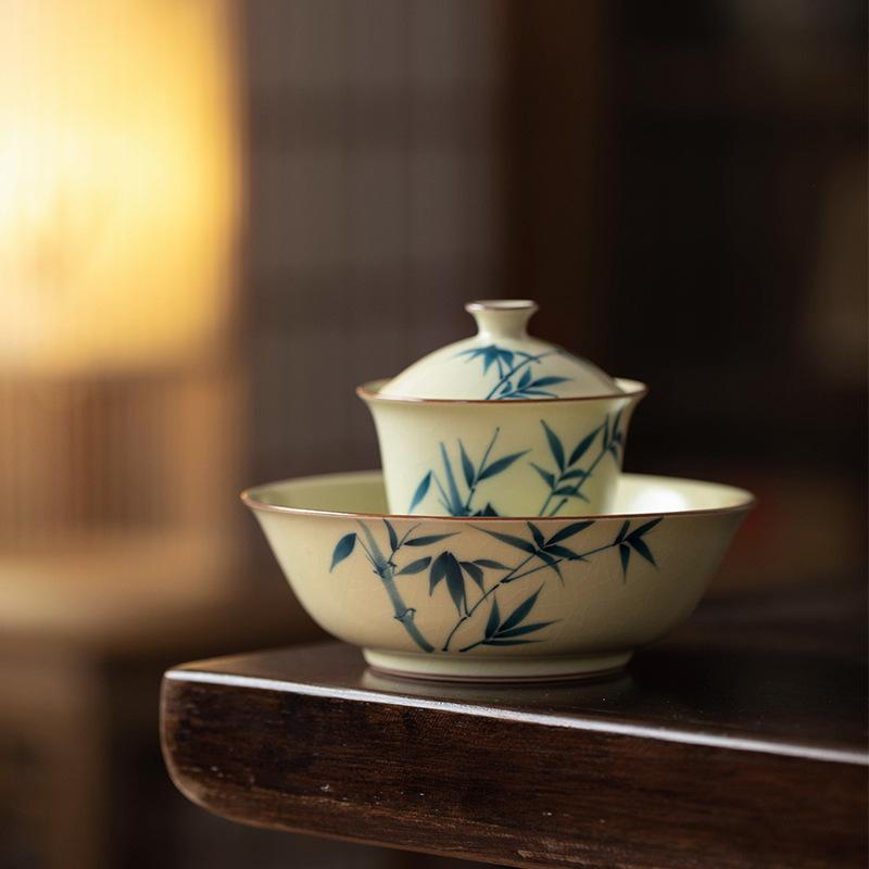Huang Ru Kiln pure hand-painted bamboo teacup master cup ceramic high-end tea teapot cover bowl tea cup kung fu tea set