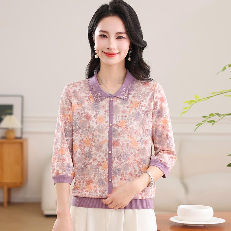 

Mom s Spring 2026 Stylish Printed Ice Silk Three-Quarter Sleeve T-shirt for Middle-Aged and Elderly Women L (80-100 lbs) фиолетовый