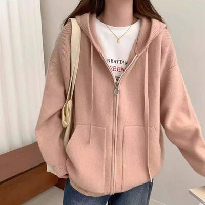 Lazy Wind Double Zipper Hooded Sweater Jacket Women's Autumn and Winter Soft Waxy Casual Loose Knitted Cardigan Top Women