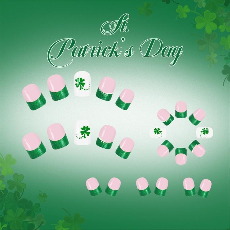 24Pieces Short Fake Nail Light Green Leaf Design Glitters Design French Elegant ABS Artificial Nail for Easy Application