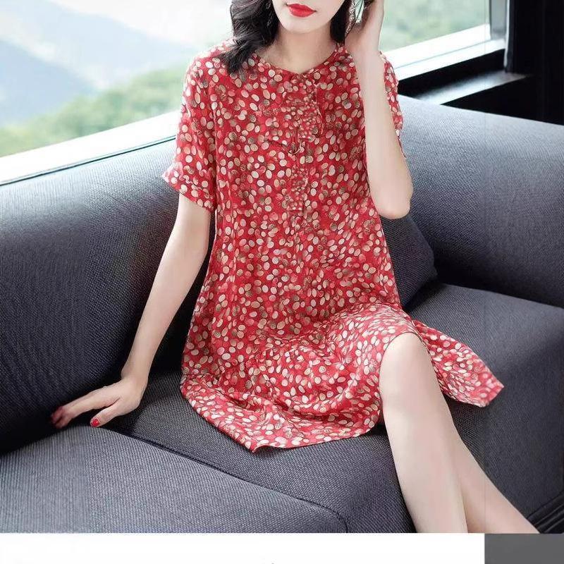 2024 Rich Lady Plus Size A-line Floral Dress: Short-Sleeve Summer Slimming Dress for Women and Moms