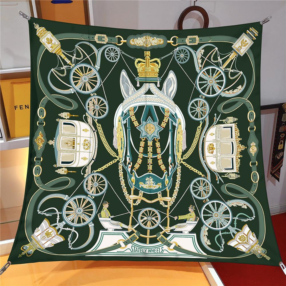 90CM Silk Scarf Women Horse Carriage Print Square Scarves Head Echarpes Silk Foulards Femme Wraps Beach Shawl Bandana Lady Hijab