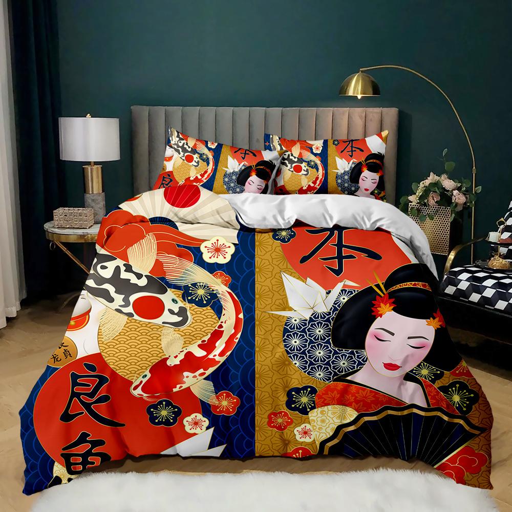 Japanese Style Bedding Set Traditional Kimono Motifs Comforter Cover Queen Size,Tokyo Duvet Cover Geisha Japan Asian Quilt Cover