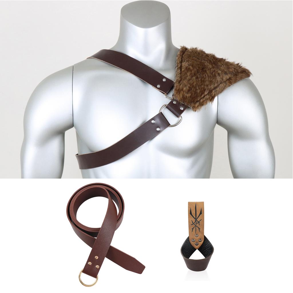 Medieval Viking Warrior Belt Sword Sheath Suit Accessories with Fur Shoulder Armor Suit PU Leather Role Playing Suit Accessories