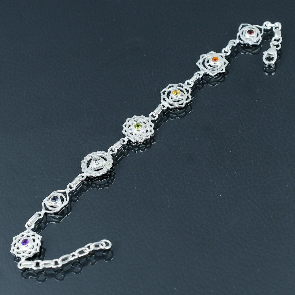 Natural Seven Chakra Gemstone Bracelet, 925 Sterling Silver, Link Bracelet, Handmade Multi Gemstone Chakra Bracelet Jewelry Gift For Valentine's Day