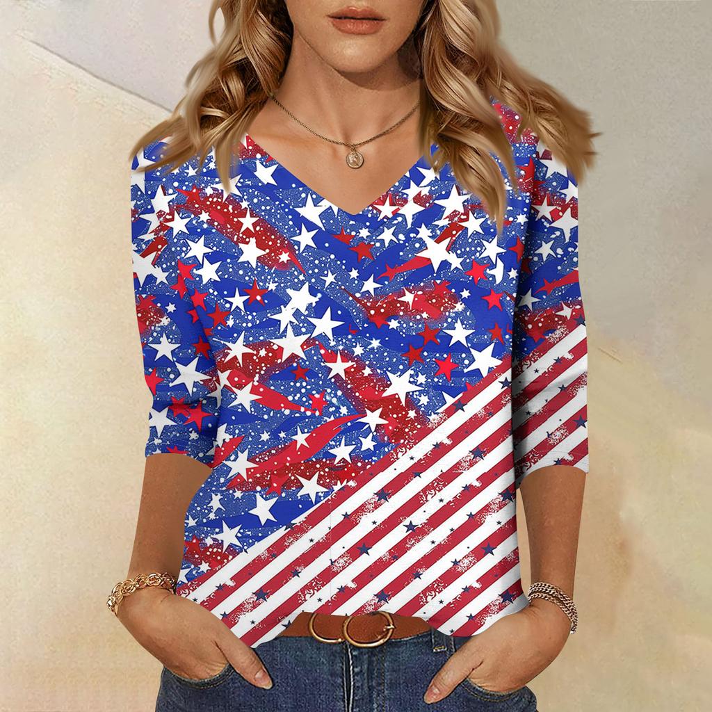 Trendy Vintage 3/4 Sleeve Top For Women,Ladies Casual Three Quarter Sleeve V-neck Printed T-Shirt Blouse