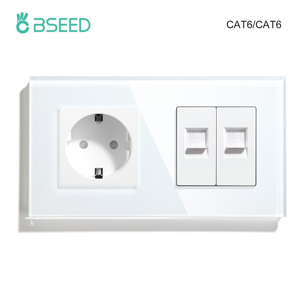 BSEED Dual Internet Sockets CAT6 Wall Socket EU Power Sockets Plus Network PC Data Computer Connecter Outlets Glass Panel