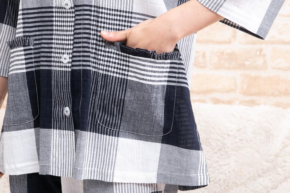 Eye Pant Open Smooth and Cool Willow Room Sizes K's Women's 3/4 Sleeve, 9/10 Pants, Front, Summer, Skin-Friendly 100% Cotton, Check, Nightwear,