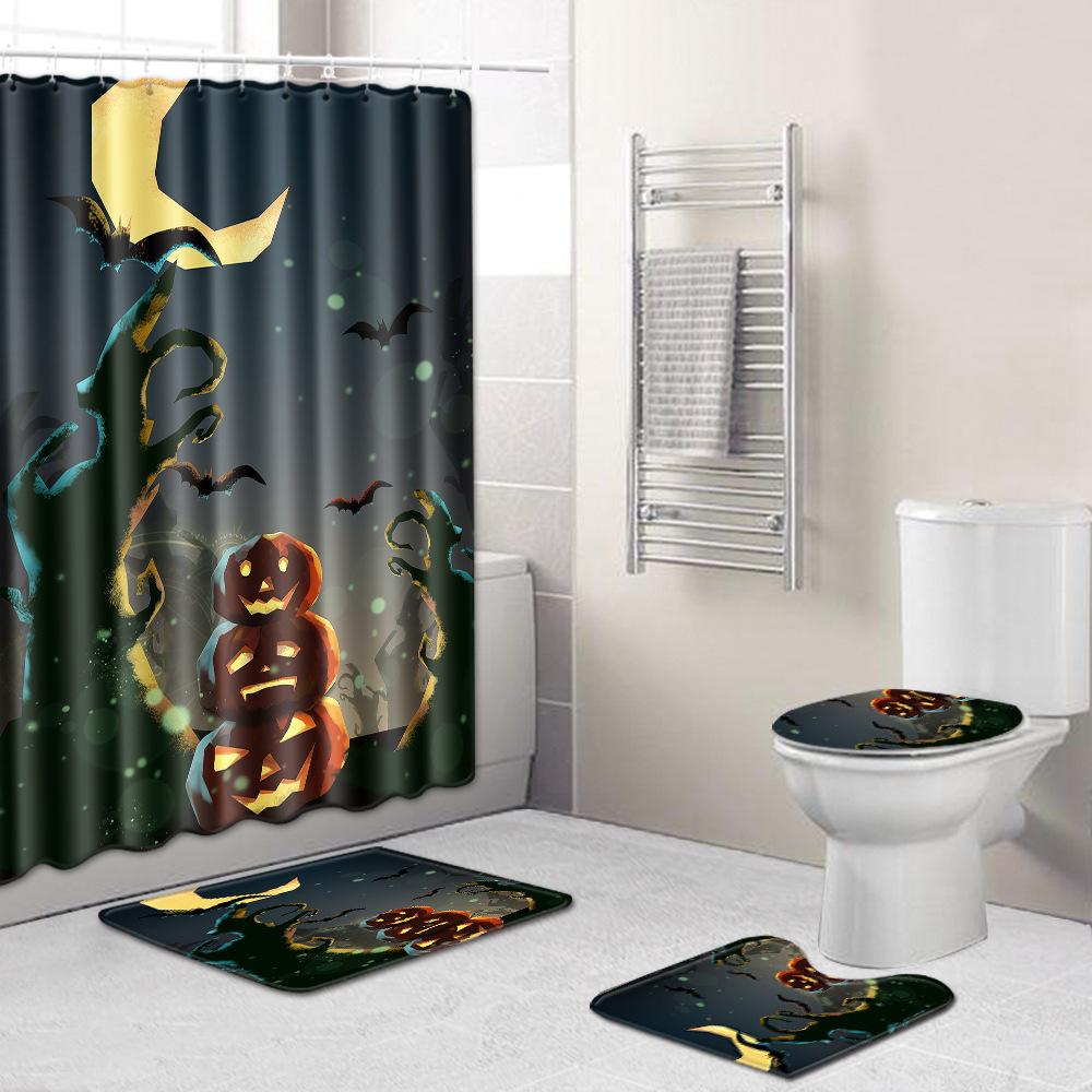 Halloween Shower Curtain Floor Mat Combination Four-Piece Set Bathroom Toilet Carpet Door Mat