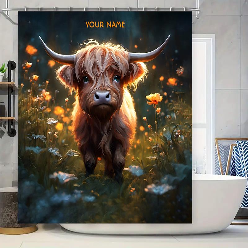 

Highland Cow Bathroom Shower Curtain Name Printing Home Decor Artistic Canvas Print W60H190(CM)-1 Pcs