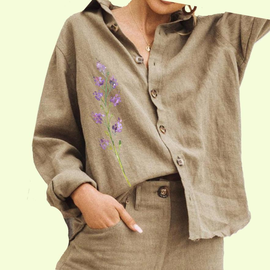 

Женская модная рубашка с цветочным принтом, женская повседневная блузка на пуговицах из хлопка и льна с длинными рукавами 3XL хаки